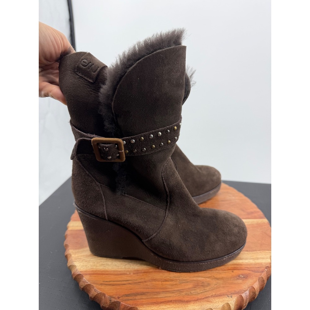 EMU Australia Heighton Lo wedge Boots Women 8 Brown Suede Sheepskin Studded